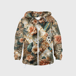 Ветровка с капюшоном детская Цветы на кусках мрамора и леопардовом узоре, цвет: 3D-белый