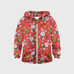 Ветровка с капюшоном детская Новогодний паттерн с зайчиком, цвет: 3D-белый