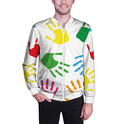 Бомбер мужской Цветные ладошки - Детский узор, цвет: 3D-белый — фото 2
