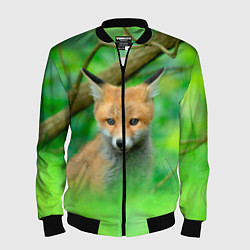 Бомбер мужской Лисенок в зеленом лесу, цвет: 3D-черный