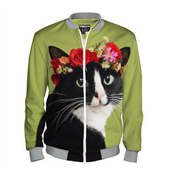 Бомбер мужской Кот и цветы, цвет: 3D-меланж