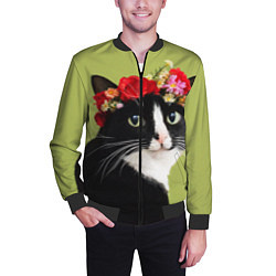 Бомбер мужской Кот и цветы, цвет: 3D-черный — фото 2