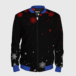Бомбер мужской КРАСНО БЕЛЫЕ СНЕЖИНКИ НА ЧЁРНОМ ФОНЕ, цвет: 3D-синий
