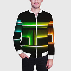 Бомбер мужской Неоновые фигуры и линии - Зелёный и жёлтый, цвет: 3D-белый — фото 2