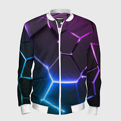 Бомбер мужской Фиолетовый градиент - неоновые геометрические плит, цвет: 3D-белый