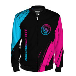 Бомбер мужской Manchester City - neon gradient: надпись, символ, цвет: 3D-черный