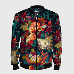 Бомбер мужской Цветочный паттерн с цветами и листьями, цвет: 3D-черный