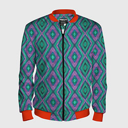 Бомбер мужской Зелено-фиолетовые ромбы: орнамент, цвет: 3D-красный