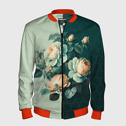 Бомбер мужской Розы на зеленом фоне, цвет: 3D-красный