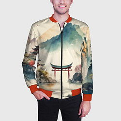 Бомбер мужской Японский пейзаж - акварель, цвет: 3D-красный — фото 2