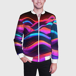 Бомбер мужской Неоновые фиолетовые волны, цвет: 3D-белый — фото 2