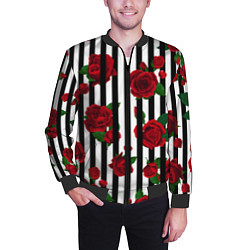 Бомбер мужской Полосы и красные розы, цвет: 3D-черный — фото 2