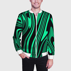 Бомбер мужской Абстракция изогнутые линии чёрно-зелёный, цвет: 3D-белый — фото 2