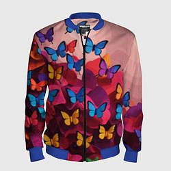 Бомбер мужской Разноцветные бабочки - розовые цветы, цвет: 3D-синий