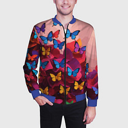 Бомбер мужской Разноцветные бабочки - розовые цветы, цвет: 3D-синий — фото 2