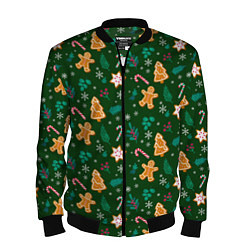 Бомбер мужской New year pattern with green background, цвет: 3D-черный
