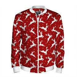 Бомбер мужской Красный паттерн с новогодними оленями, цвет: 3D-белый