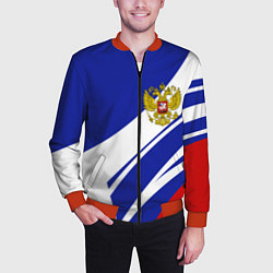 Бомбер мужской Герб России на абстрактных полосах, цвет: 3D-красный — фото 2