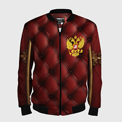 Бомбер мужской Золотой герб России на красном кожаном фоне, цвет: 3D-черный