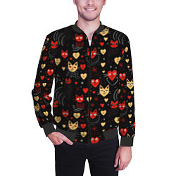 Бомбер мужской Паттерн с сердечками и котами валентинка, цвет: 3D-черный — фото 2