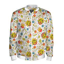 Бомбер мужской Хохломская роспись разноцветные цветы на белом фон, цвет: 3D-белый