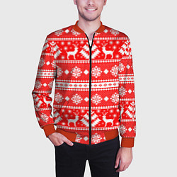 Бомбер мужской Новый год ели и олени на красном фоне, цвет: 3D-красный — фото 2