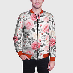 Бомбер мужской Розовые розы и серые листочки - паттерн, цвет: 3D-красный — фото 2