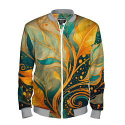 Бомбер мужской Золотые и бирюзовые листья абстракция, цвет: 3D-меланж