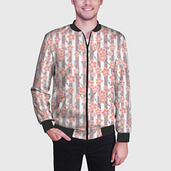 Бомбер мужской Коралловые цветы на полосатом фоне, цвет: 3D-черный — фото 2