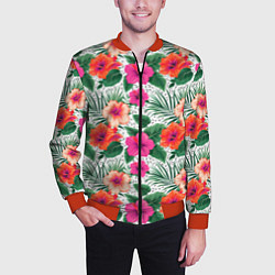 Бомбер мужской Цветы гибискуса и листья мальмы летний тропический, цвет: 3D-красный — фото 2