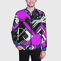 Бомбер мужской Бело-фиолетовый техно паттерн на чёрном фоне, цвет: 3D-синий — фото 2
