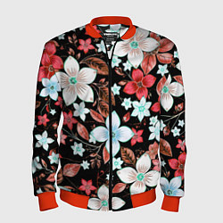 Бомбер мужской Красно-белые цветы на чёрном фоне, цвет: 3D-красный