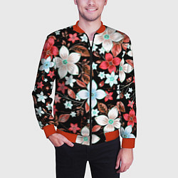 Бомбер мужской Красно-белые цветы на чёрном фоне, цвет: 3D-красный — фото 2
