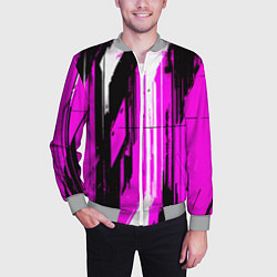 Бомбер мужской Вертикальные чёрно-белые линии на розовом фоне, цвет: 3D-меланж — фото 2