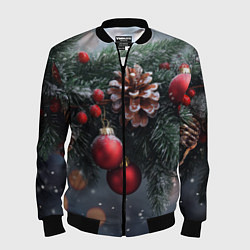Бомбер мужской Красные игрушки на елке и шишки, цвет: 3D-черный