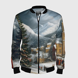Бомбер мужской Новогодняя огромная елка и маленькие домики, цвет: 3D-черный