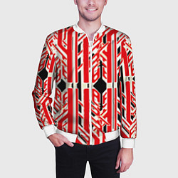 Бомбер мужской Бело-красные техно полосы на чёрном фоне, цвет: 3D-белый — фото 2
