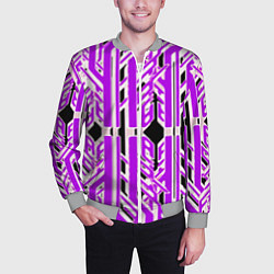 Бомбер мужской Бело-фиолетовые техно полосы на чёрном фоне, цвет: 3D-меланж — фото 2
