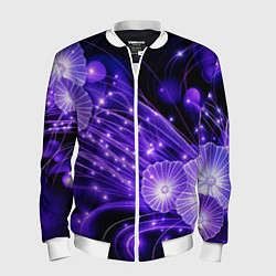 Бомбер мужской Силуэты цветов на темном фоне - фиолетовое свечени, цвет: 3D-белый