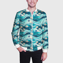 Бомбер мужской Летний узор с ракушками и морскими звездами, цвет: 3D-белый — фото 2