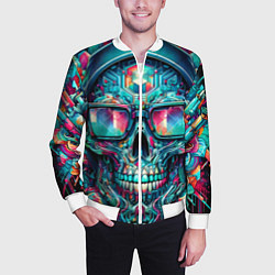 Бомбер мужской Кибер череп в балахоне и очках - нейроарт фантазия, цвет: 3D-белый — фото 2
