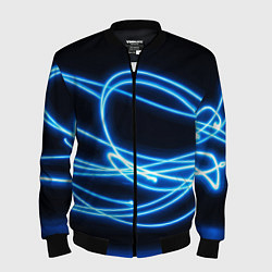 Бомбер мужской Неоновые голубые волны на черном фоне, цвет: 3D-черный