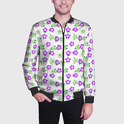 Бомбер мужской Зеленые фиолетовые цветы на белом фоне, цвет: 3D-черный — фото 2