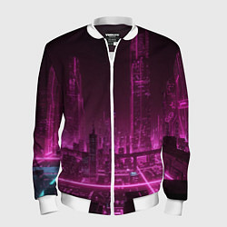 Бомбер мужской Городской пейзаж неоновый киберпанк, цвет: 3D-белый