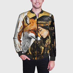 Бомбер мужской Девушка и лиса инь и янь, цвет: 3D-черный — фото 2