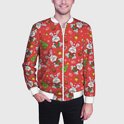 Бомбер мужской Новогодний паттерн с зайчиком, цвет: 3D-белый — фото 2