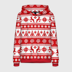 Толстовка-худи мужская Новый Год Олени и снежинки, цвет: 3D-красный