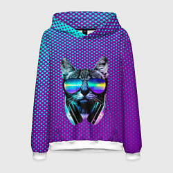 Толстовка-худи мужская Кот очки наушники модный, цвет: 3D-белый