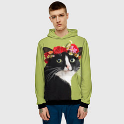 Толстовка-худи мужская Кот и цветы, цвет: 3D-черный — фото 2