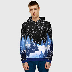 Толстовка-худи мужская Снежная ночь в зимнем лесу, цвет: 3D-синий — фото 2